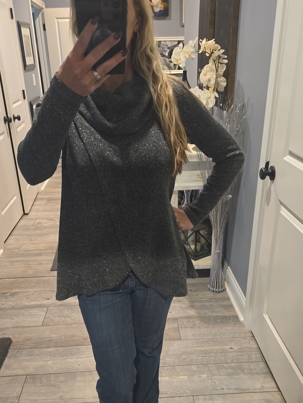 Sparkle Cowl Neck Sweater - Dark Gray